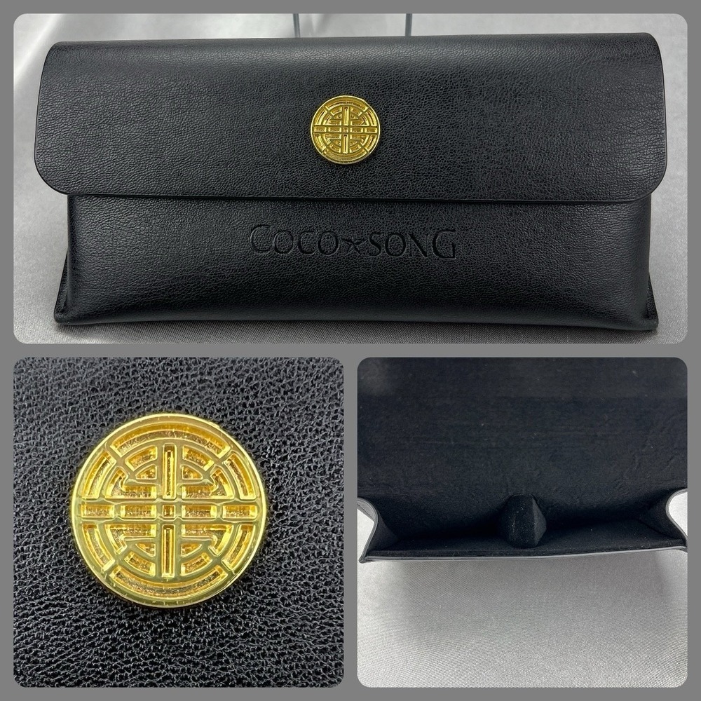 Authentic Coco Song Black‎ Leather Hard Sunglasses Case Gold Medallion Clamshell